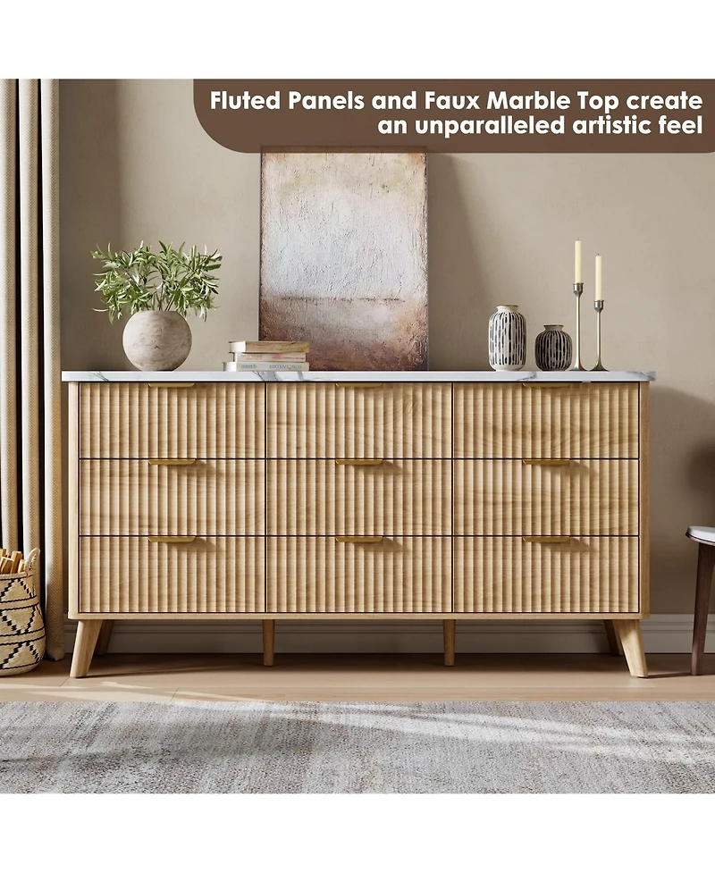 gaomon 60.6" Fluted 9-Drawer Dresser with Faux Marble Top, Modern Curved Chest, Warm Wood Finish