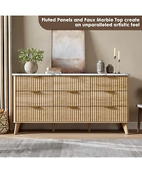 gaomon 60.6" Fluted 9-Drawer Dresser with Faux Marble Top, Modern Curved Chest, Warm Wood Finish