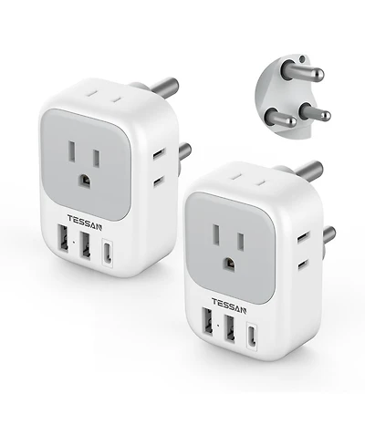Tessan South Africa Plug Adapter 2 Pack, Type M Power Adapter with 4 Ac Outlets 3 Usb Ports(1 Usb C), Travel Adaptor
