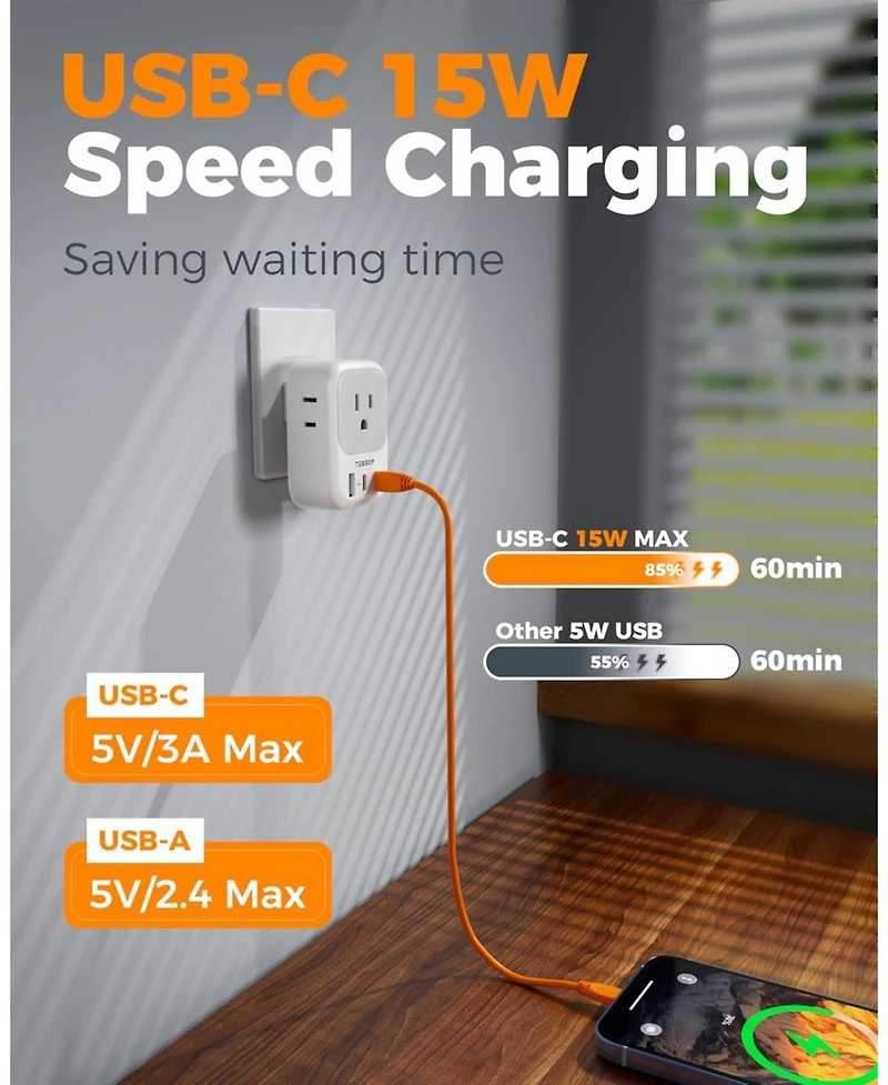 Tessan 2 Prong to 3 Prong Outlet Adapter Us to Japan Plug Adapter with 4 Outlets 3 Usb (2 Usb-c),Outlet Converter Us to Japan China Mexico Philippines