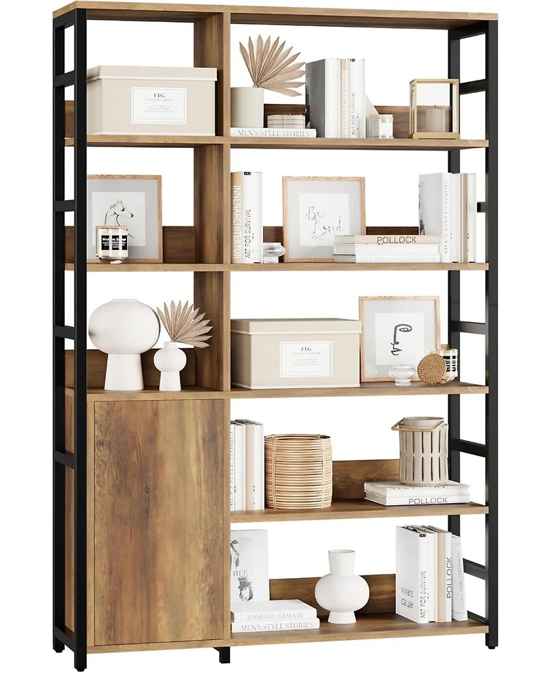 gaomon 5-Tier Bookshelf with Doors – 71.1" Industrial Display Shelf with Metal Frame, Adjustable Shelf and Protective Rails for Living Room