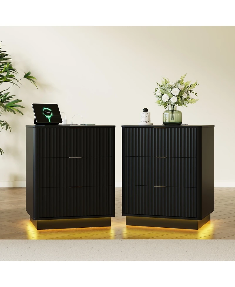 gaomon Fluted Nightstand Set of 2, Wooden Night Stand with Charging Station and Led Light, Modern Mid Century Bedside End Table 3 Drawers