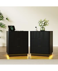 gaomon Fluted Nightstand Set of 2, Wooden Night Stand with Charging Station and Led Light, Modern Mid Century Bedside End Table 3 Drawers