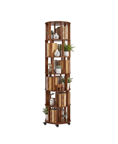 Streamdale Furniture 6-Tier Rotating Solid Wood Bookshelf Tower with Wheels
