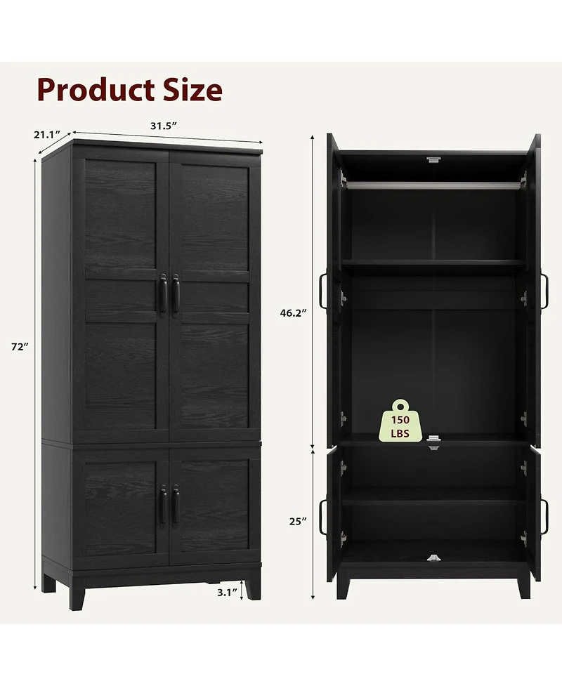 homfan Spacious Modern Wooden Wardrobe, 71"/72" Tall Freestanding Cabinet with 2-4 Doors, 2 Drawers, Adjustable Shelves, Hanging Rod, Organizer