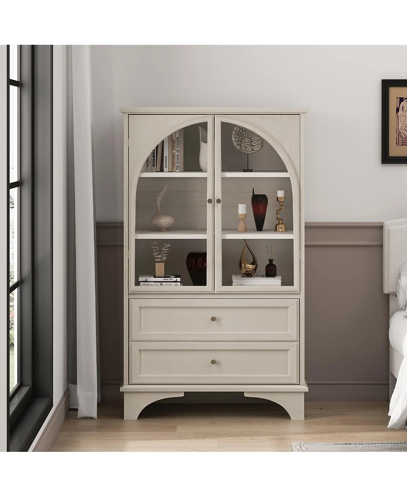 Streamdale Furniture Glass Door Display Cabinet with 2 Drawers and Adjustable Shelf