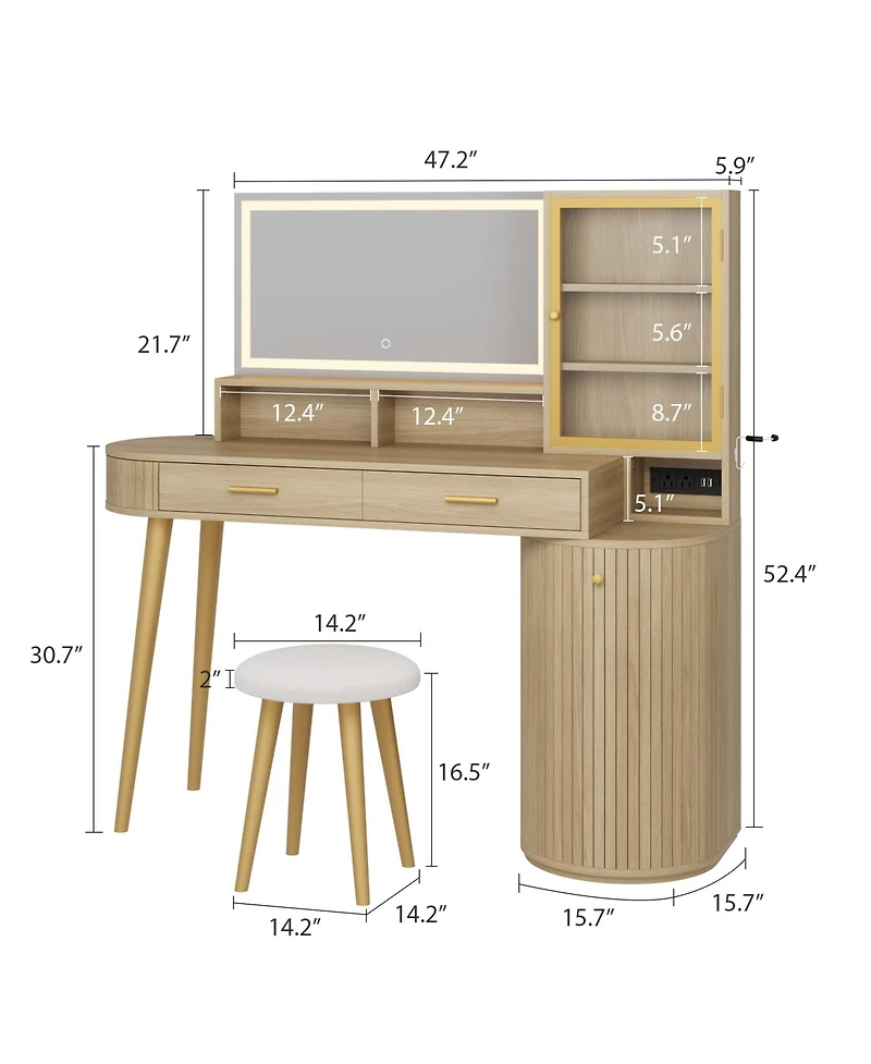 gaomon Vanity Desk with Light Mirror, 47.2 Inch Vanity Table with Stool and Charging Station, Makeup Table with Drawer and Cabinet and Glass Door