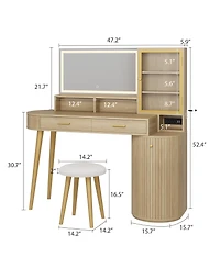gaomon Vanity Desk with Light Mirror, 47.2 Inch Vanity Table with Stool and Charging Station, Makeup Table with Drawer and Cabinet and Glass Door