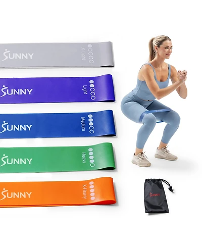 Sunny Health & Fitness Resistance Loop Bands - 5 Levels of Color-Coded Exercise Bands for Legs, Glutes and Strength Training