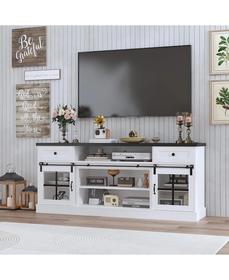 gaomon Farmhouse Tv Stand for 75 Inch TVs Entertainment Center, Storage Drawers, Adjustable Shelves, Barn Doors, Led Lights, Media Console