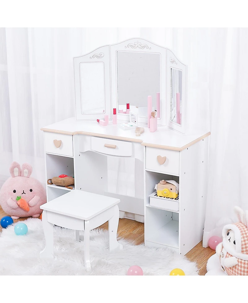 homfan Dressing Table and Stool Set,Pretend Play Girls Vanity Desk with Tri-Folding Mirror,3 Drawers,4 Storage Shelves and Accessories