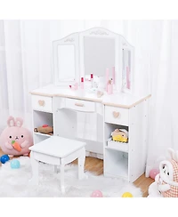 homfan Dressing Table and Stool Set,Pretend Play Girls Vanity Desk with Tri-Folding Mirror,3 Drawers,4 Storage Shelves and Accessories