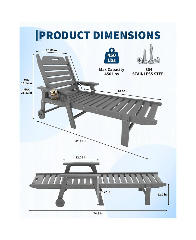 gaomon 2 Pieces All-Weather Chaise Hdpe Lounge Chair, Built-in Cup Holder and Rolling Wheels for Patio, Poolside, Deck