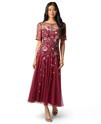 Adrianna Papell Women's Boat Neck Beaded Mesh Ankle Dress