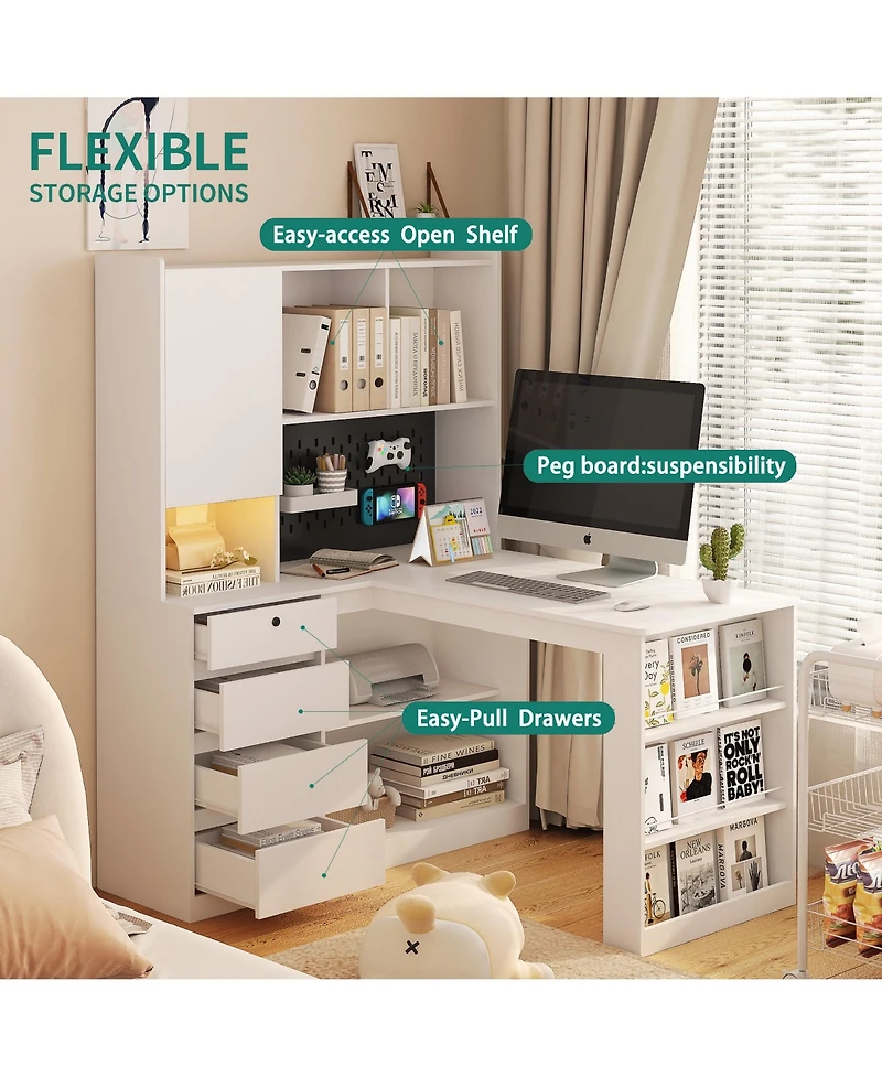 Boyel Living L Shaped Desk with Charger Computer Desk with Drawers Bookshelf with Led Light Modern Corner Desk Home Office Desk