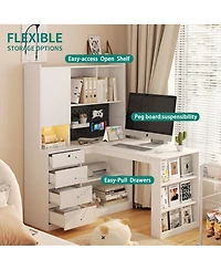 Boyel Living L Shaped Desk with Charger Computer Desk with Drawers Bookshelf with Led Light Modern Corner Desk Home Office Desk