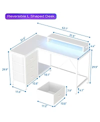 homfan L Shaped Computer Desk with Power Outlets and Led Lights - 3 Drawers, Storage Shelves, Monitor Stand