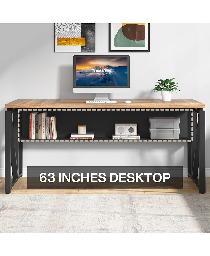 Tribesigns 63" Computer Desk with Bottom Storage Shelf:Home office writing table for workstation. Dark Walnut Plus steel legs.(Cabinet not included)