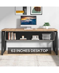 Tribesigns 63" Computer Desk with Bottom Storage Shelf:Home office writing table for workstation. Dark Walnut Plus steel legs.(Cabinet not included)