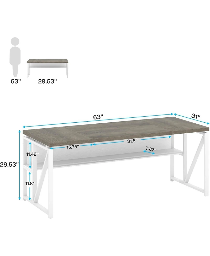 Tribesigns 63" Computer Desk with Bottom Shelf: Home office writing table for workstation. Dark Walnut Plus steel legs. (Cabinet not included)