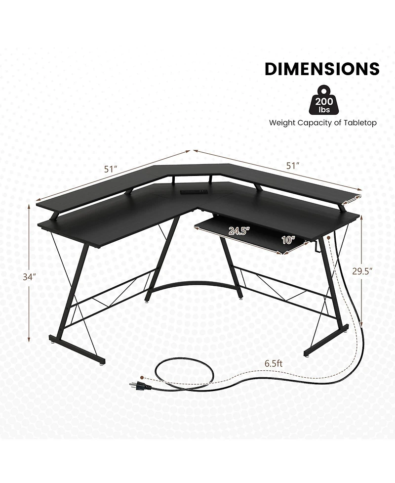 Gouun L-shaped Computer Desk with Power Outlet and Monitor Stand