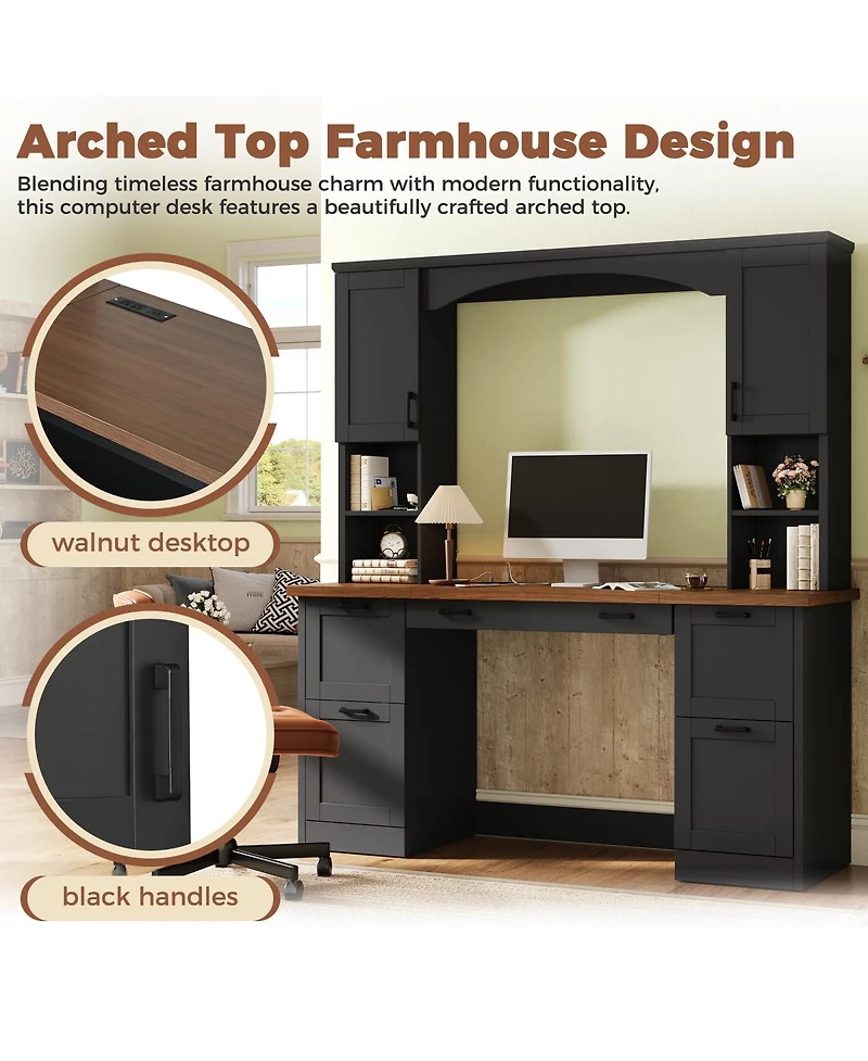 Streamdale Furniture Farmhouse Arched Computer Desk with Hutch and Charging Station
