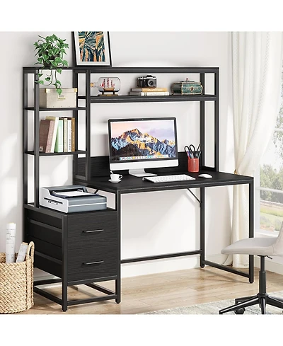 Tribesigns 55" Computer Desk with 2 Drawers: Rustic office desk with hutch and shelves. Workstation for home office