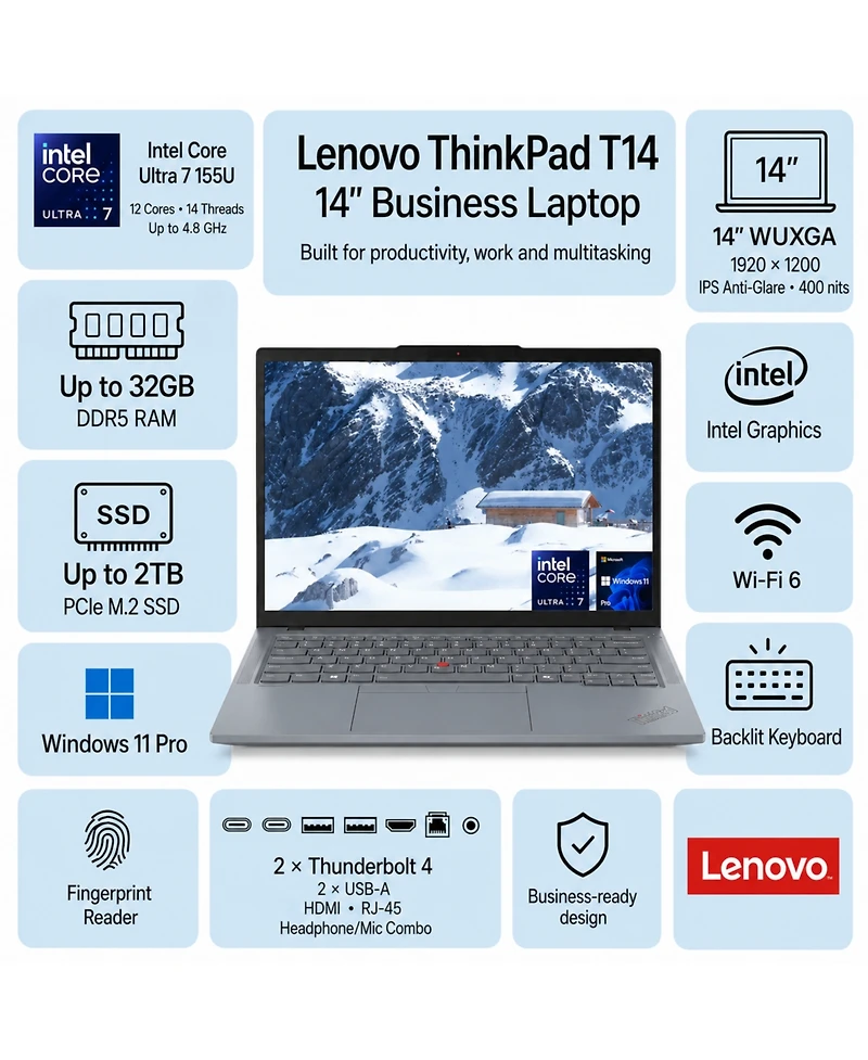 Lenovo ThinkPad T14 14" Traditional Laptop Intel Core Ultra 7 64GB Ram Intel Graphics 1TB Ssd Storage Windows 11 Pro 60Hz