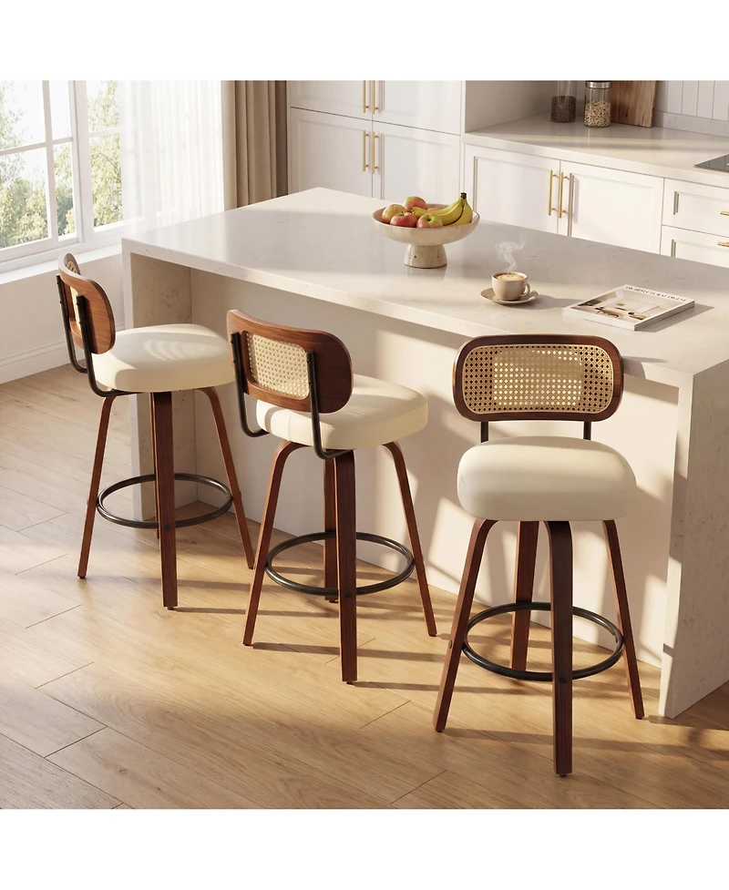 sumyeg Set of 3 Mid-Century Modern Swivel Bar Stool with Cane Back, Walnut Wood Frame and 360° Seat