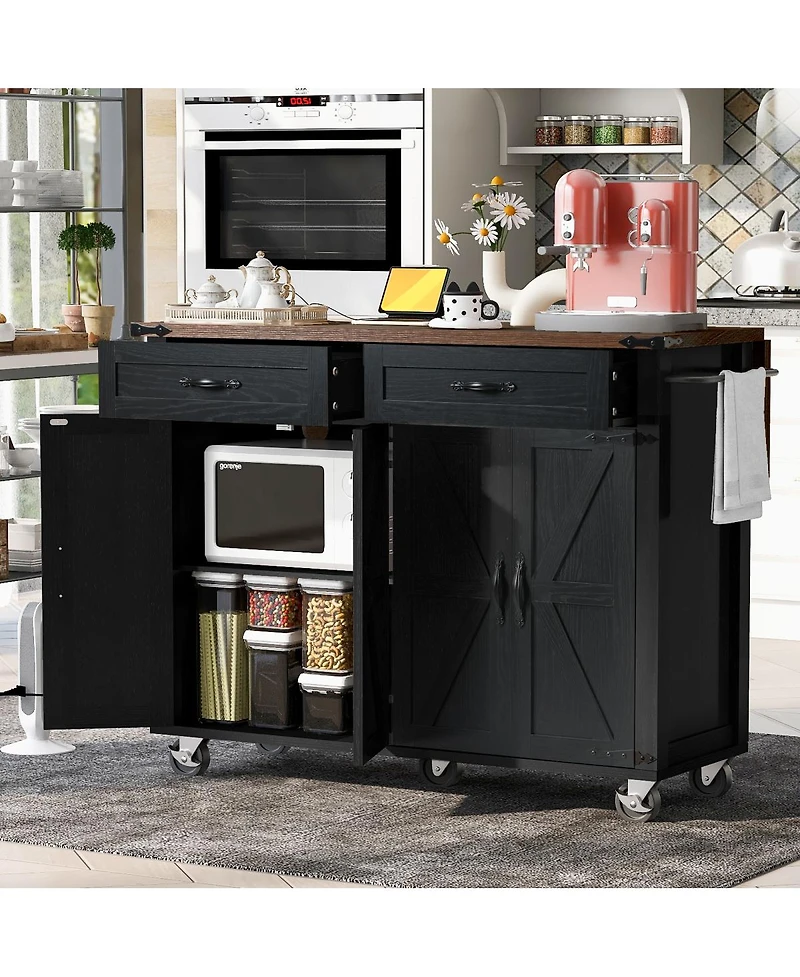 Streamdale Furniture Farmhouse Kitchen Island with Drop Leaf, Power Outlet, and Storage
