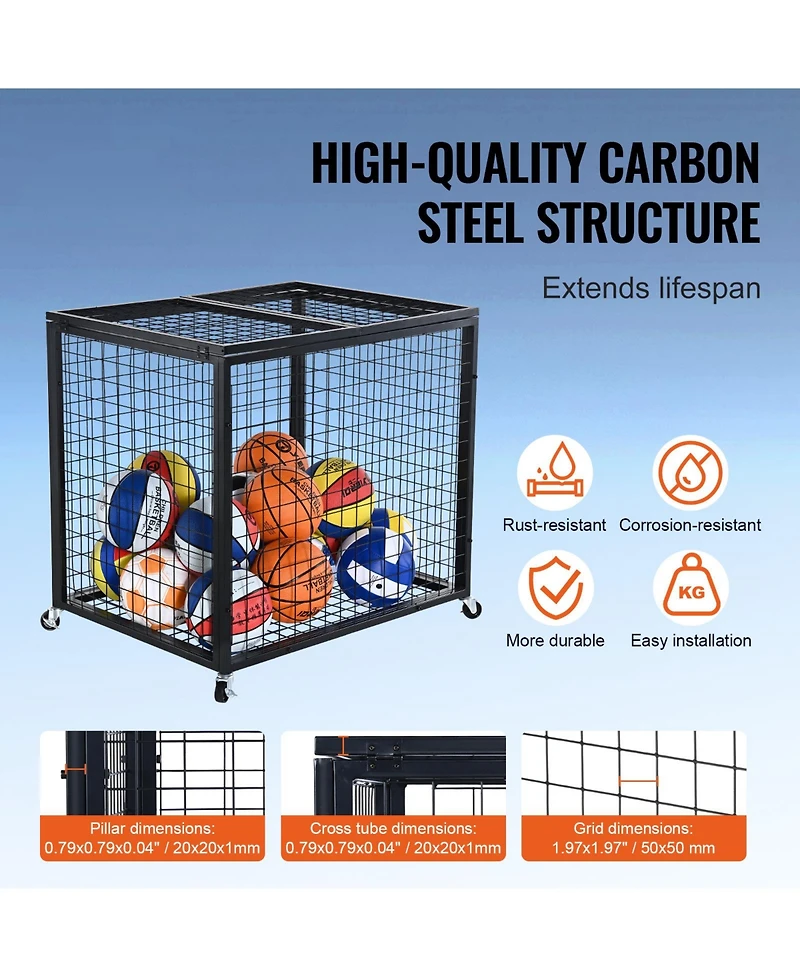 Vevor Rolling Sports Ball Storage Cart Garages Sports Equipment Organizer Steel