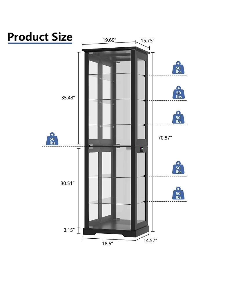 Vlsrka 70'' Tall Glass Display Cabinet with Rgb Sensor Lights and Multi-Tier Shelves