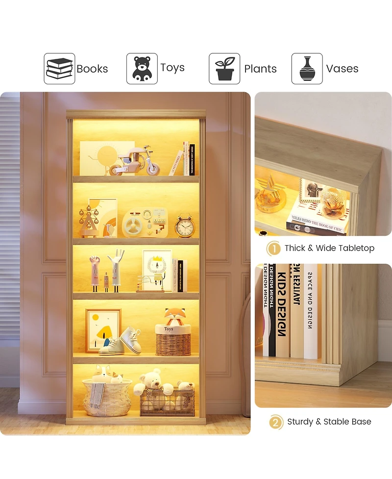 Vlsrka 71" Tall 5-Tier Bookcase, Open Display Shelf with 3-Color Motion Sensor Lights