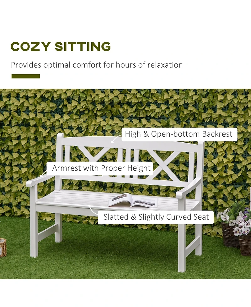 Outsunny 2-Seater Wooden Garden Bench, 4FT Outdoor Patio Loveseat with Unique X-Shape Back for Yard, Lawn, Porch, White