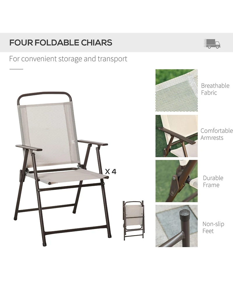 Outsunny 6 Piece Patio Dining Set for 4 with Umbrella, 4 Folding Dining Chairs & Round Glass Table for Garden, Backyard and Poolside, Beige