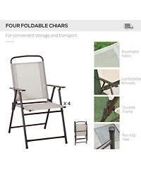 Outsunny 6 Piece Patio Dining Set for 4 with Umbrella, 4 Folding Dining Chairs & Round Glass Table for Garden, Backyard and Poolside, Beige