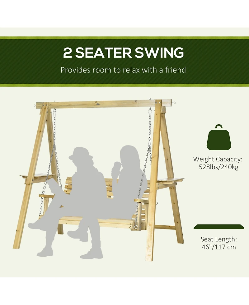 Outsunny 2-Seat Porch Swing Loveseat with Stand and Side Tables, Wooden Patio Swing Chair, for Garden, Poolside, Backyard