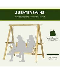 Outsunny 2-Seat Porch Swing Loveseat with Stand and Side Tables, Wooden Patio Swing Chair, for Garden, Poolside, Backyard