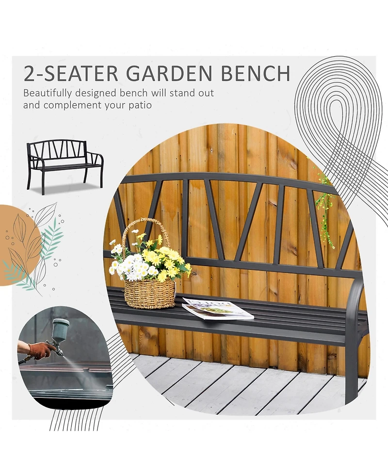 Outsunny Metal Garden Bench for 2 with Armrests, Backrest,