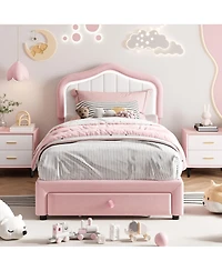 homfan Upholstered Platform Bed with Led Lights And Storage Drawer, Soft Headboard, Wooden Slats, No Box Spring Needed, Noise-Free, Easy Assembly