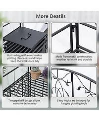 Outsunny Folding Potting Bench Table, Metal Garden Workstation, Work Bench with Large Built-in Bag with Cover, 5 Hanging Hooks & Storage Shelf, Leaf P