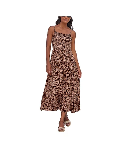 Lascana Women's Viscose Animal Print Smocked Square-Neck Midi Dress