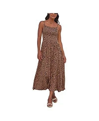 Lascana Women's Viscose Animal Print Smocked Square-Neck Midi Dress