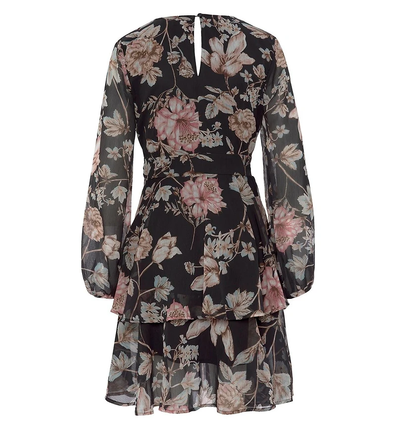 Lascana Women's Floral Print Long Sleeve Wrap Surplice-Neck Short Dress