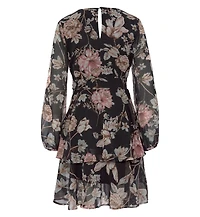 Lascana Women's Floral Print Long Sleeve Wrap Surplice-Neck Short Dress