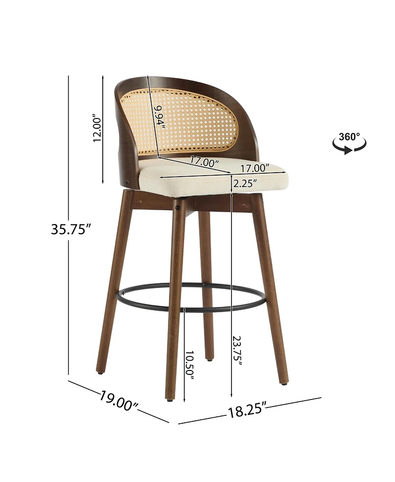 Maison Boucle Swivel Counter Height Bar Stools Set of 2, Solid Wood Rubberwood Frame, Walnut Finish, Fabric Upholstered Seat, Rattan Backrest