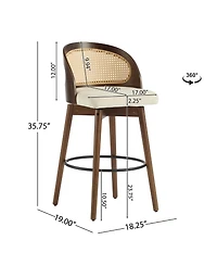 Maison Boucle Swivel Counter Height Bar Stools Set of 2, Solid Wood Rubberwood Frame, Walnut Finish, Fabric Upholstered Seat, Rattan Backrest