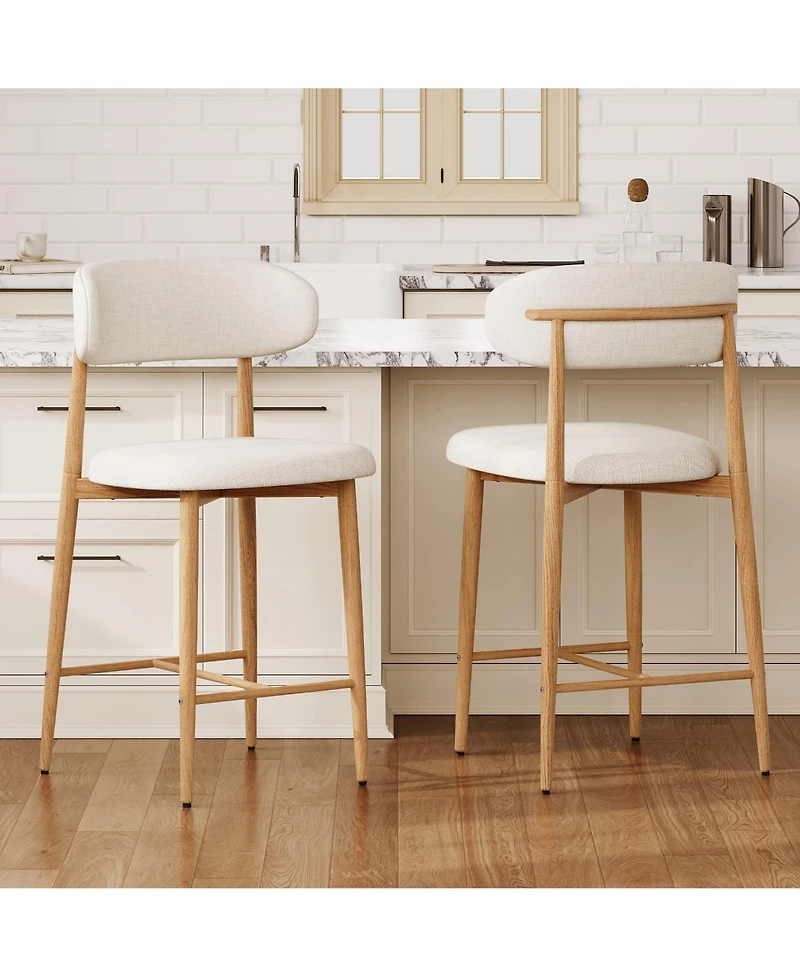 Maison Boucle Mid-Century Modern Counter Height Bar Stools Set of 4, Linen Upholstered, Natural Finish Leg Frame, Kitchen Island Seating, 26" Seat H