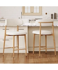 Maison Boucle Mid-Century Modern Counter Height Bar Stools Set of 4, Linen Upholstered, Natural Finish Leg Frame, Kitchen Island Seating, 26" Seat H