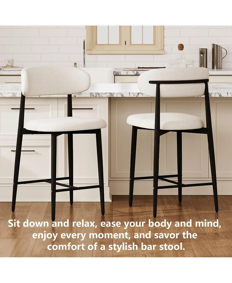 Maison Boucle Mid-Century Modern Counter Height Bar Stools Set of 4, Linen Upholstered, Natural Finish Leg Frame, Kitchen Island Seating, 26" Seat H